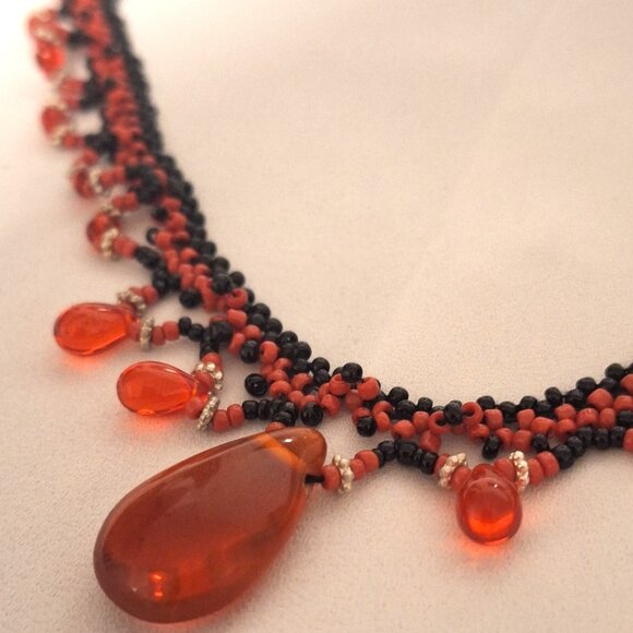 Artisan Made Vampy Extravagant Black and Read Beaded Collar Necklace - Picture 2 of 5